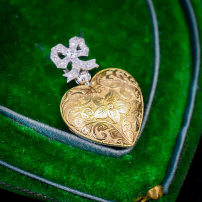 Emerald and Old Cut Diamond 1.04ct Heart Platinum and 18ct Gold Reversible Pendant
