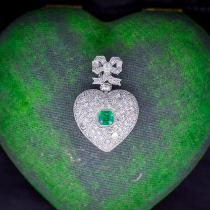 Emerald and Old Cut Diamond 1.04ct Heart Platinum and 18ct Gold Reversible Pendant