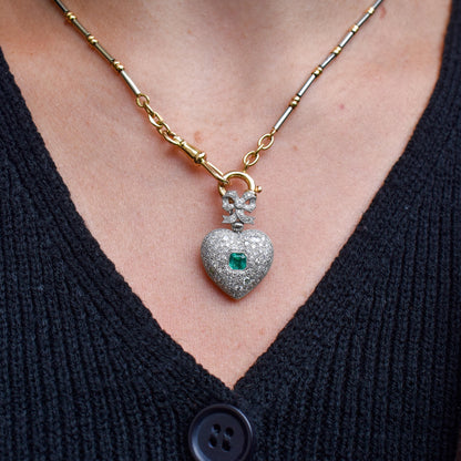 Emerald and Old Cut Diamond 1.04ct Heart Platinum and 18ct Gold Reversible Pendant