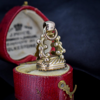 Antique Chalcedony Scissor Intaglio Gold Cased Ornate Fob Seal Pendant | Victorian