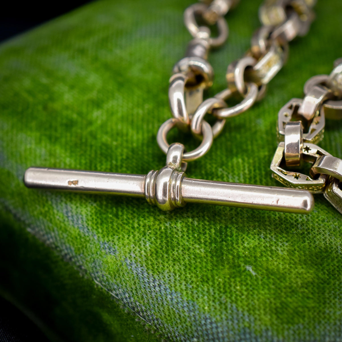 Antique Star Fancy Link 9ct Gold Albert Watch Chain with Dog Clip and T-Bar | 14" length