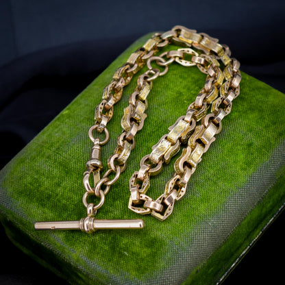 Antique Star Fancy Link 9ct Gold Albert Watch Chain with Dog Clip and T-Bar | 14" length