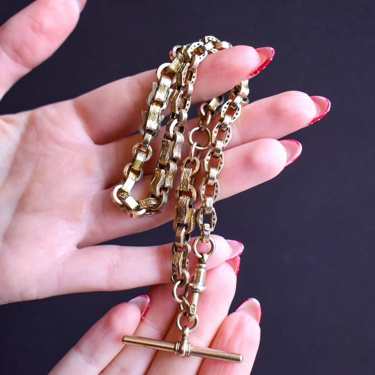 Antique Star Fancy Link 9ct Gold Albert Watch Chain with Dog Clip and T-Bar | 14" length