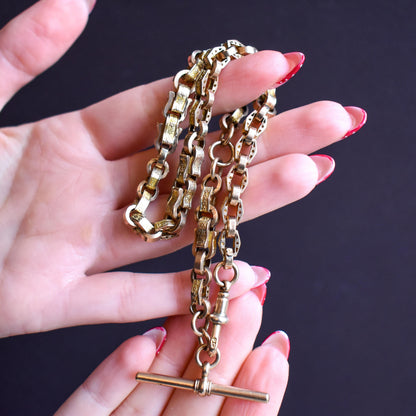 Antique Star Fancy Link 9ct Gold Albert Watch Chain with Dog Clip and T-Bar | 14" length