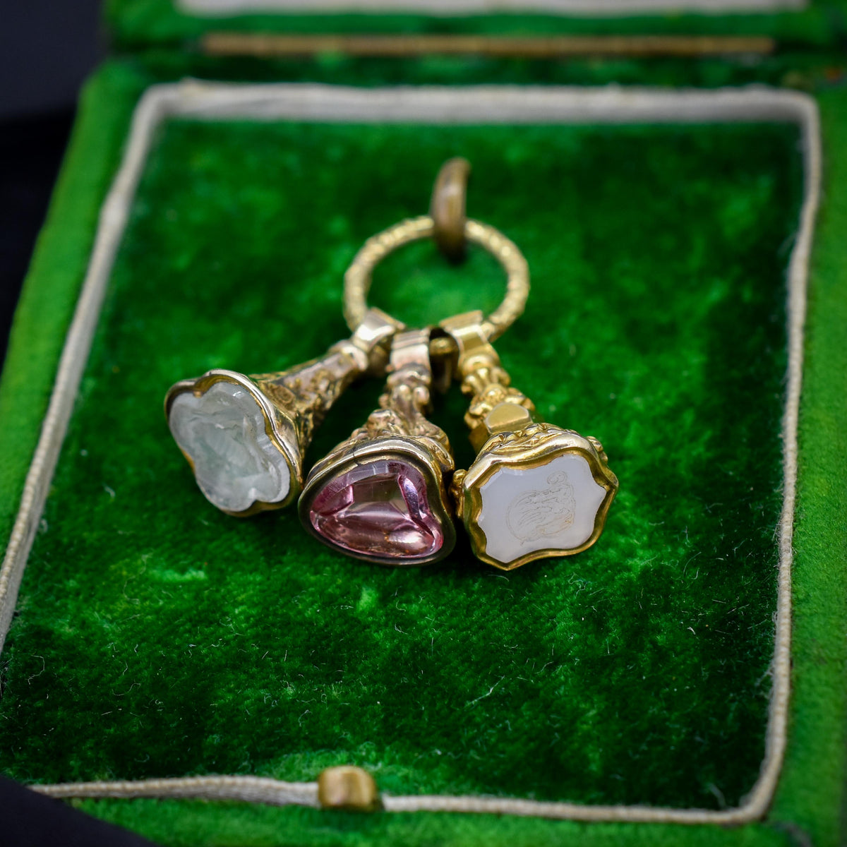 Antique Gold Trio of Intaglio Fobs Charm on Split Ring