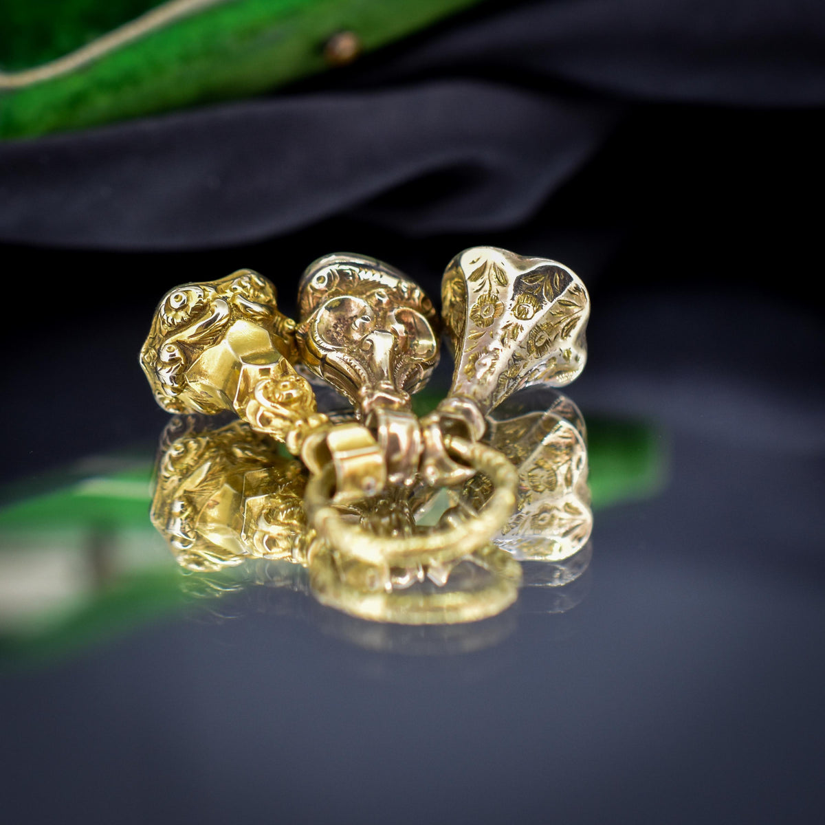 Antique Gold Trio of Intaglio Fobs Charm on Split Ring