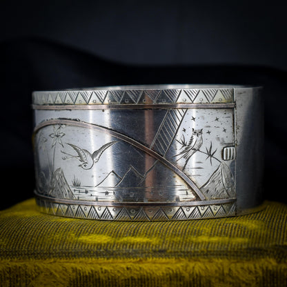 Antique Victorian Silver and Gold 'Day and Night' Bird Cuff Bangle Bracelet