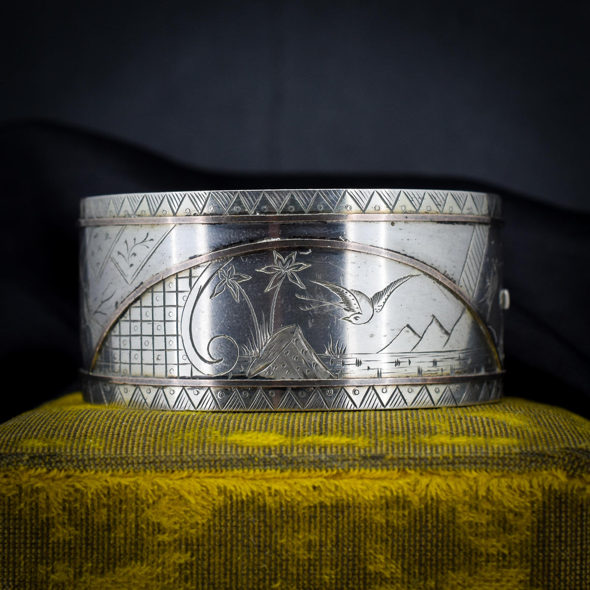 Antique Victorian Silver and Gold 'Day and Night' Bird Cuff Bangle Bracelet