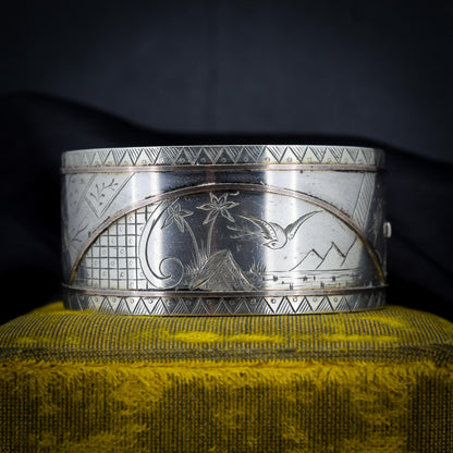 Antique Victorian Silver and Gold 'Day and Night' Bird Cuff Bangle Bracelet