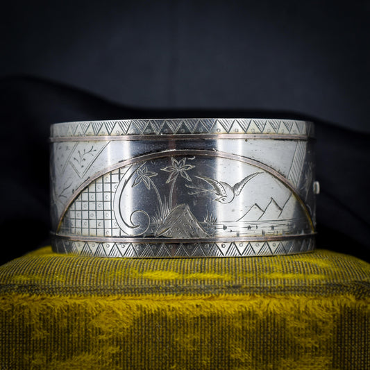 Antique Victorian Silver and Gold 'Day and Night' Bird Cuff Bangle Bracelet