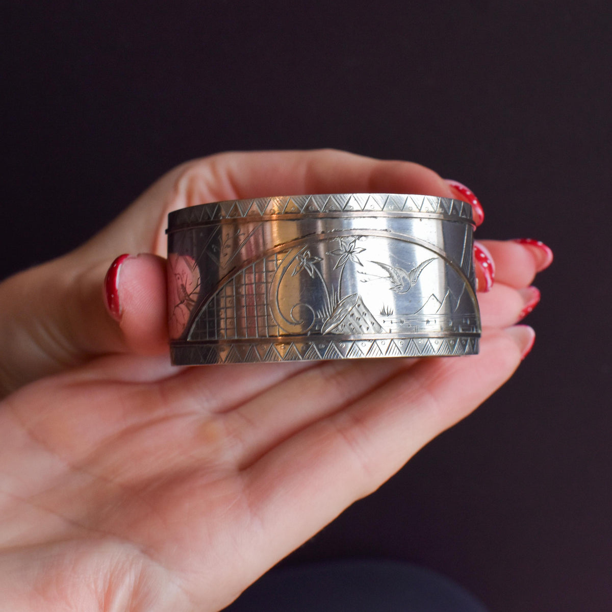 Antique Victorian Silver and Gold 'Day and Night' Bird Cuff Bangle Bracelet