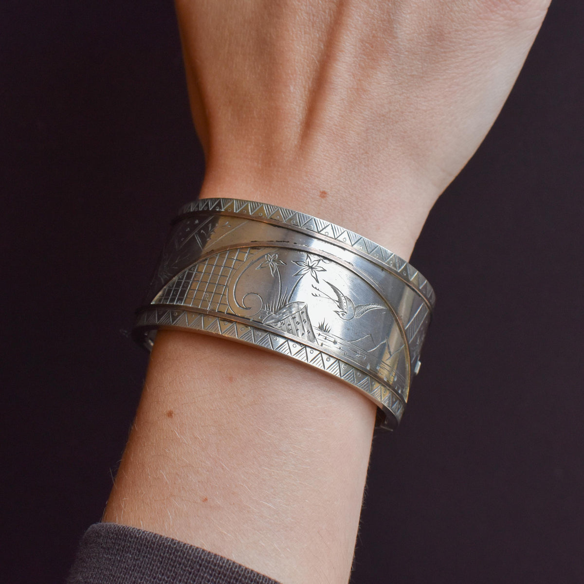 Antique Victorian Silver and Gold 'Day and Night' Bird Cuff Bangle Bracelet
