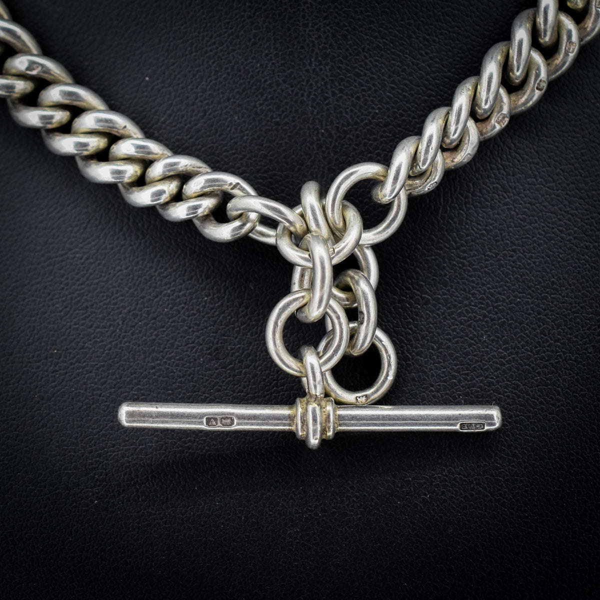 Antique 86g Sterling Silver Chunky Curb Link Albert Watch Chain Necklace – 15.5"
