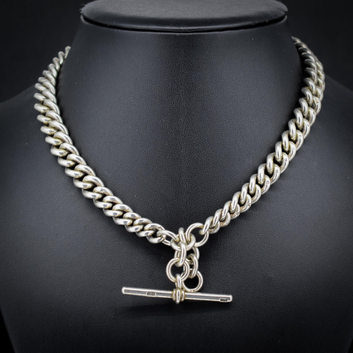 Antique 86g Sterling Silver Chunky Curb Link Albert Watch Chain Necklace – 15.5"