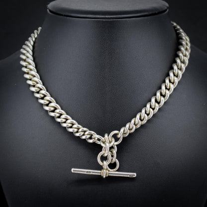 Antique 86g Sterling Silver Chunky Curb Link Albert Watch Chain Necklace – 15.5"
