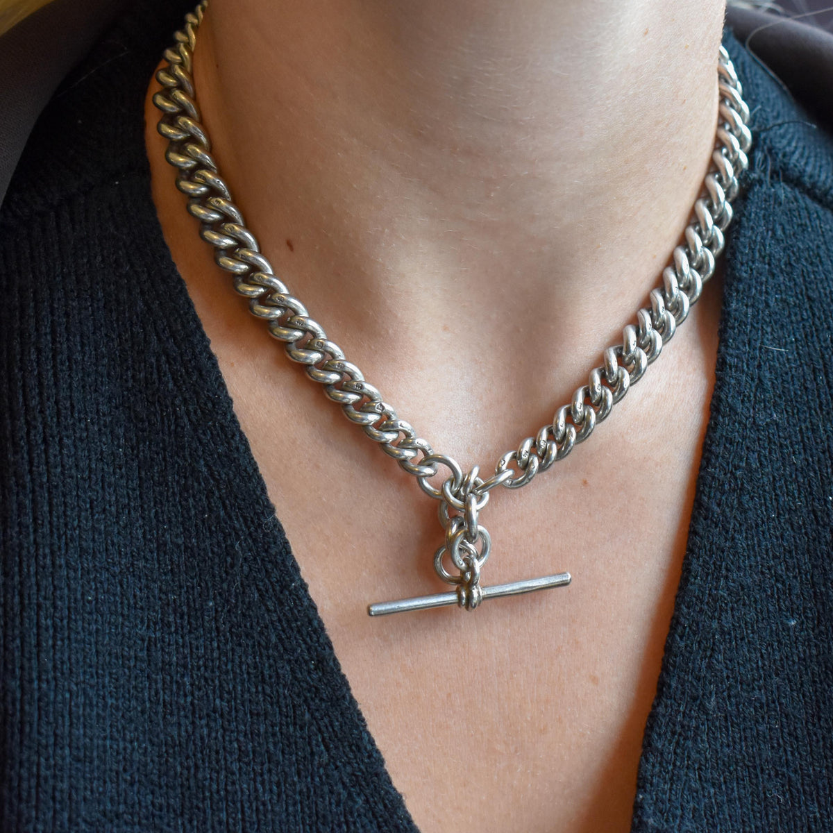 Antique 86g Sterling Silver Chunky Curb Link Albert Watch Chain Necklace – 15.5"