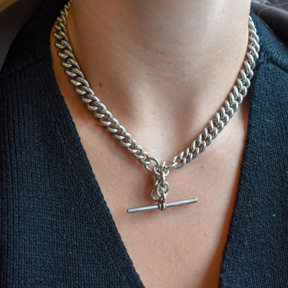Antique 86g Sterling Silver Chunky Curb Link Albert Watch Chain Necklace – 15.5"