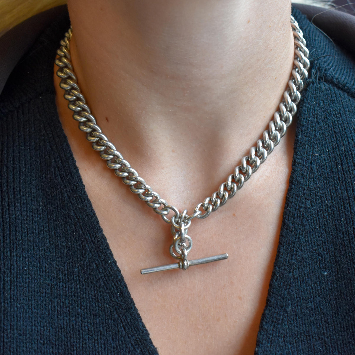 Antique 86g Sterling Silver Chunky Curb Link Albert Watch Chain Necklace – 15.5"