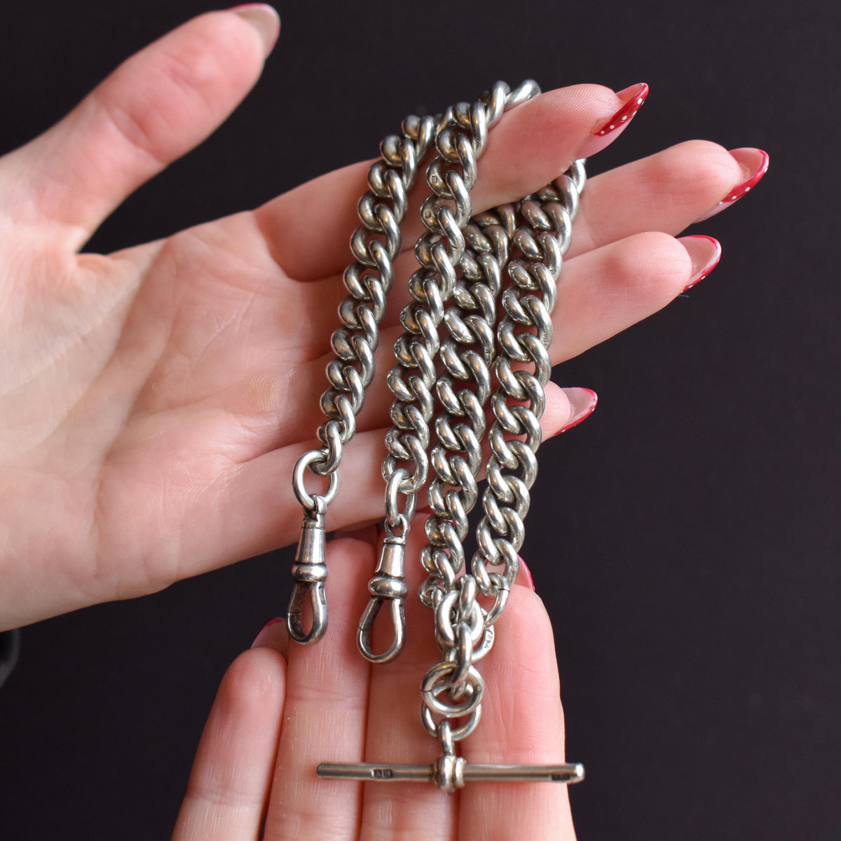 Antique 86g Sterling Silver Chunky Curb Link Albert Watch Chain Necklace – 15.5"