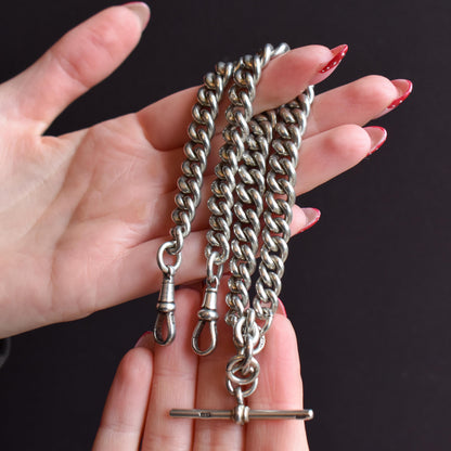 Antique 86g Sterling Silver Chunky Curb Link Albert Watch Chain Necklace – 15.5"