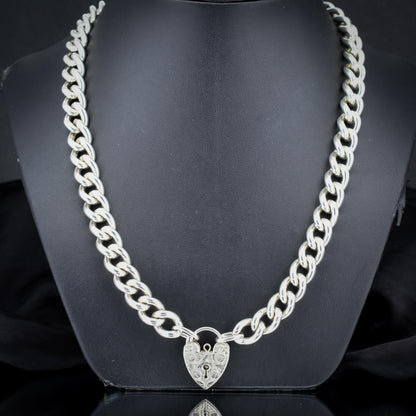 Vintage Heavy 138g Chunky Heart Padlock Sterling Silver Curb Necklace 19.5"