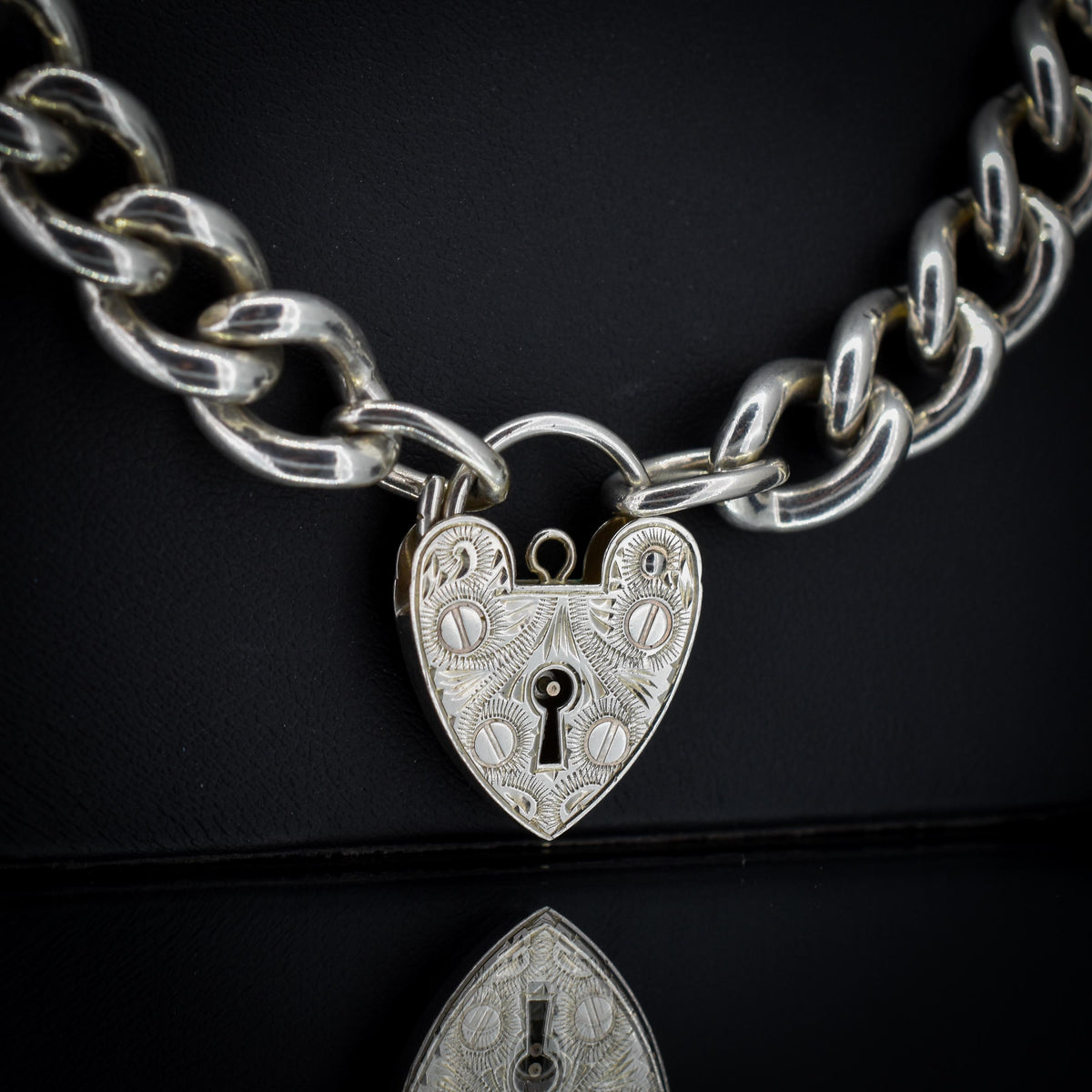 Vintage Heavy 138g Chunky Heart Padlock Sterling Silver Curb Necklace 19.5"