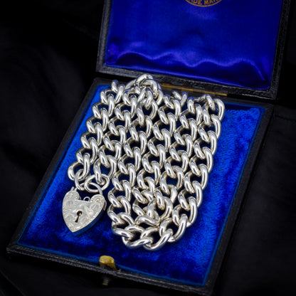 Vintage Heavy 138g Chunky Heart Padlock Sterling Silver Curb Necklace 19.5"