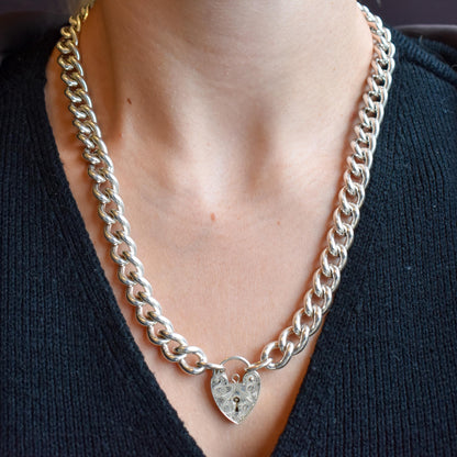 Vintage Heavy 138g Chunky Heart Padlock Sterling Silver Curb Necklace 19.5"