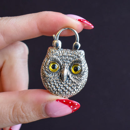 Onyx Owl Bird Sterling Silver Padlock Pendant Charm