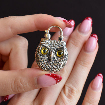 Onyx Owl Bird Sterling Silver Padlock Pendant Charm
