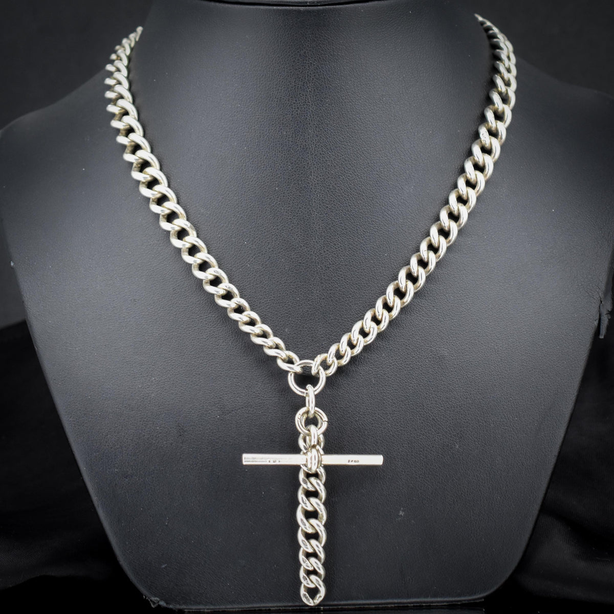 Antique 16.5" Sterling Silver Curb Link Albert Chain Necklace with Double Dog Clips