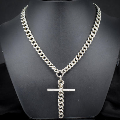 Antique 16.5" Sterling Silver Curb Link Albert Chain Necklace with Double Dog Clips