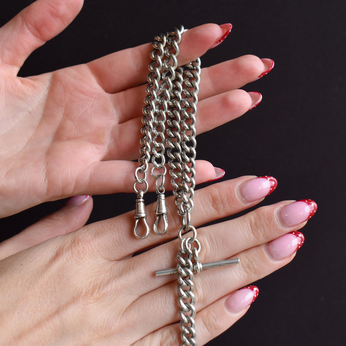 Antique 16.5" Sterling Silver Curb Link Albert Chain Necklace with Double Dog Clips