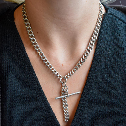 Antique 16.5" Sterling Silver Curb Link Albert Chain Necklace with Double Dog Clips