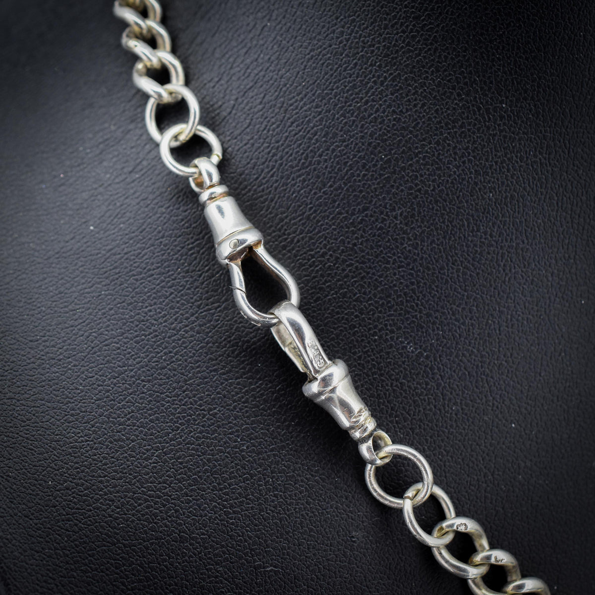 Antique 16.5" Sterling Silver Curb Link Albert Chain Necklace with Double Dog Clips