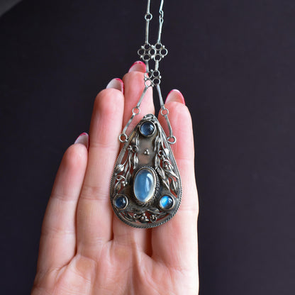 Antique Arts and Crafts Moonstone Sterling Silver Drop Pendant Necklace