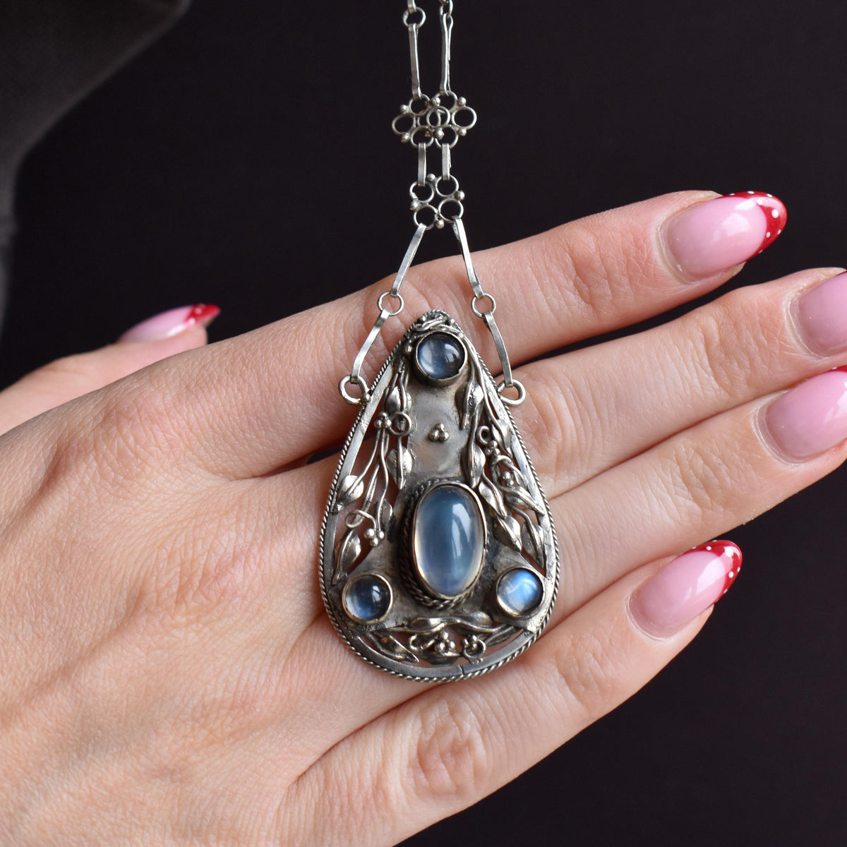 Antique Arts and Crafts Moonstone Sterling Silver Drop Pendant Necklace