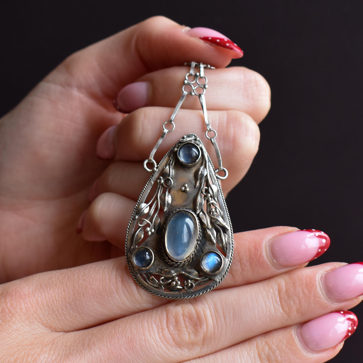 Antique Arts and Crafts Moonstone Sterling Silver Drop Pendant Necklace