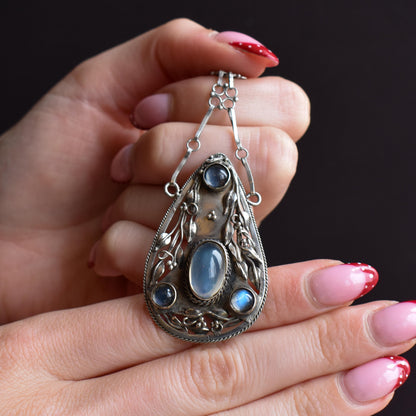 Antique Arts and Crafts Moonstone Sterling Silver Drop Pendant Necklace