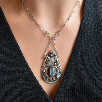 Antique Arts and Crafts Moonstone Sterling Silver Drop Pendant Necklace