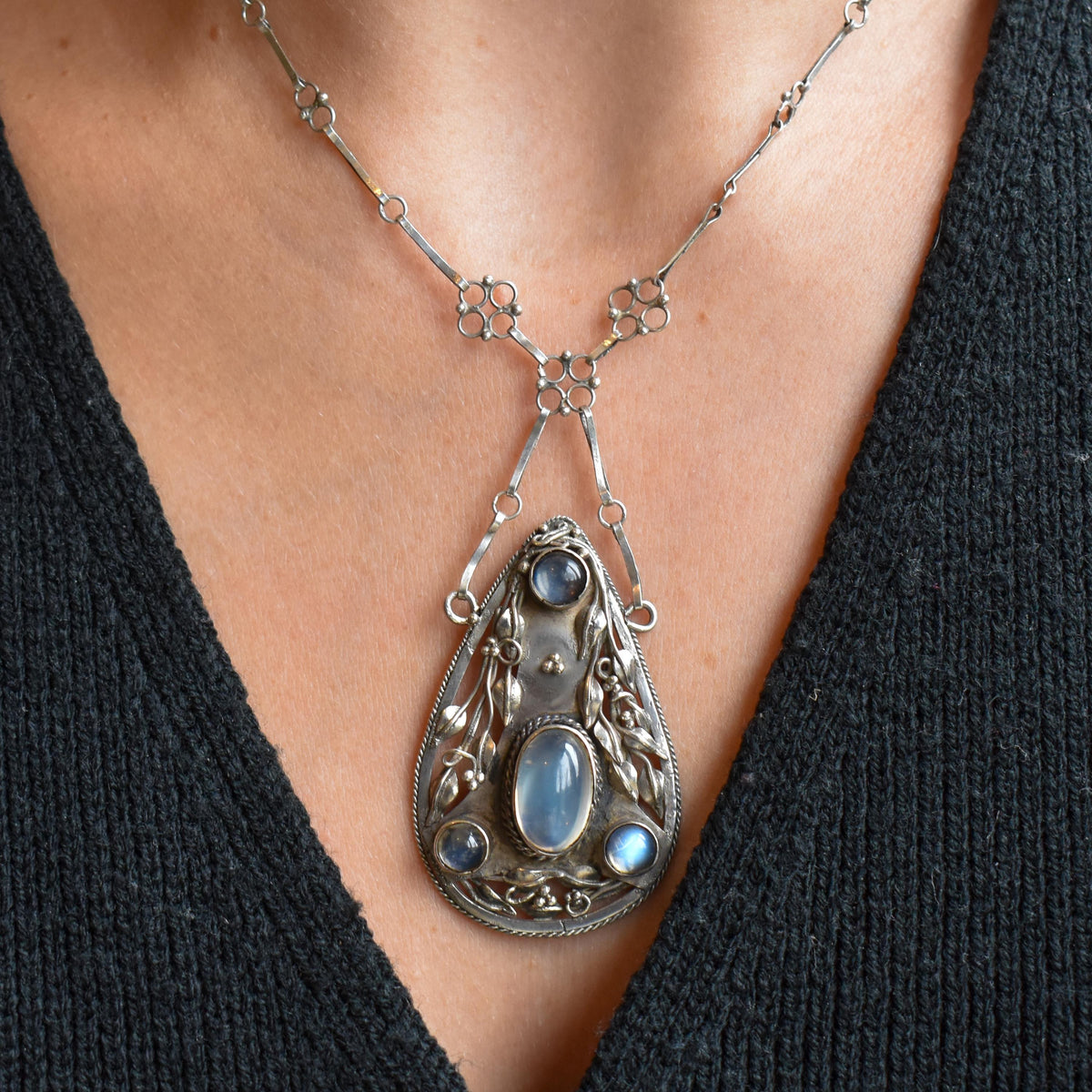 Antique Arts and Crafts Moonstone Sterling Silver Drop Pendant Necklace
