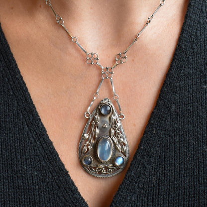Antique Arts and Crafts Moonstone Sterling Silver Drop Pendant Necklace
