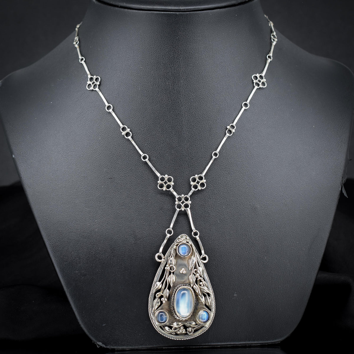 Antique Arts and Crafts Moonstone Sterling Silver Drop Pendant Necklace