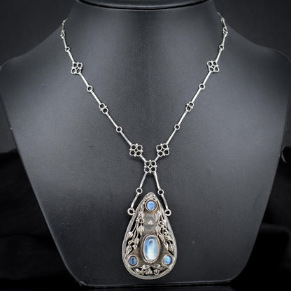 Antique Arts and Crafts Moonstone Sterling Silver Drop Pendant Necklace