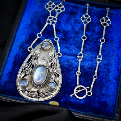 Antique Arts and Crafts Moonstone Sterling Silver Drop Pendant Necklace