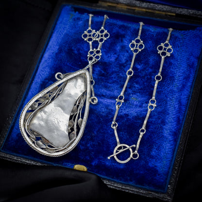 Antique Arts and Crafts Moonstone Sterling Silver Drop Pendant Necklace