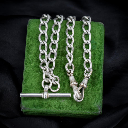 Antique Edwardian '1909' Sterling Silver Oval Link Albert Watch Chain Necklace with T-Bar and Dog Clips | 15.25"