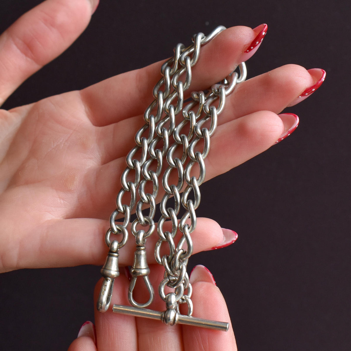 Antique Edwardian '1909' Sterling Silver Oval Link Albert Watch Chain Necklace with T-Bar and Dog Clips | 15.25"