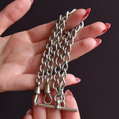Antique Edwardian '1909' Sterling Silver Oval Link Albert Watch Chain Necklace with T-Bar and Dog Clips | 15.25"