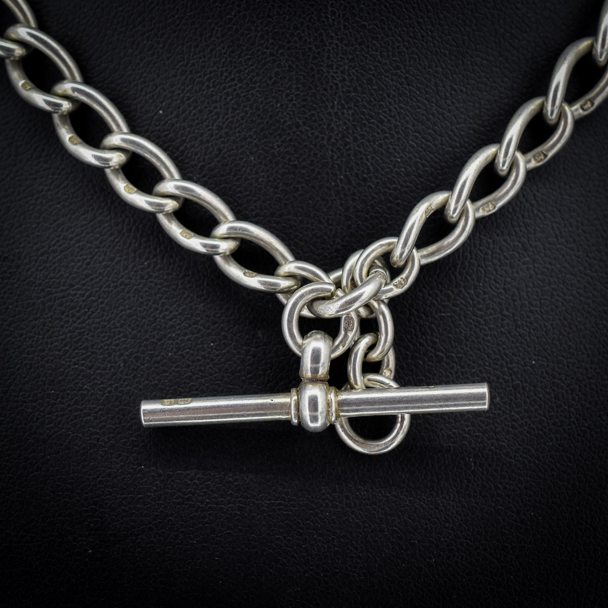 Antique Edwardian '1909' Sterling Silver Oval Link Albert Watch Chain Necklace with T-Bar and Dog Clips | 15.25"